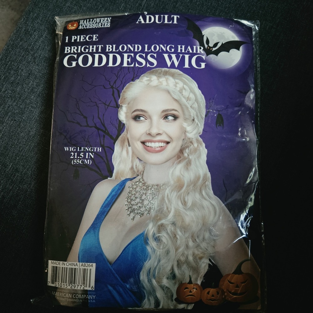 Adult Bright Blond Long Hair Goddess Wavy Wig w/ Braid, 21.5"